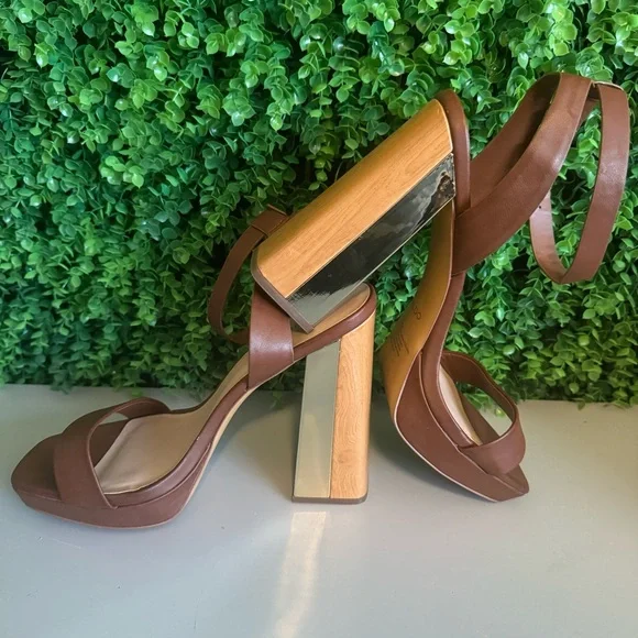 Aldo Priyah 1091435 Chestnut with Wood & Gold Block Heels Women's Size 11 - Picture 9 of 14